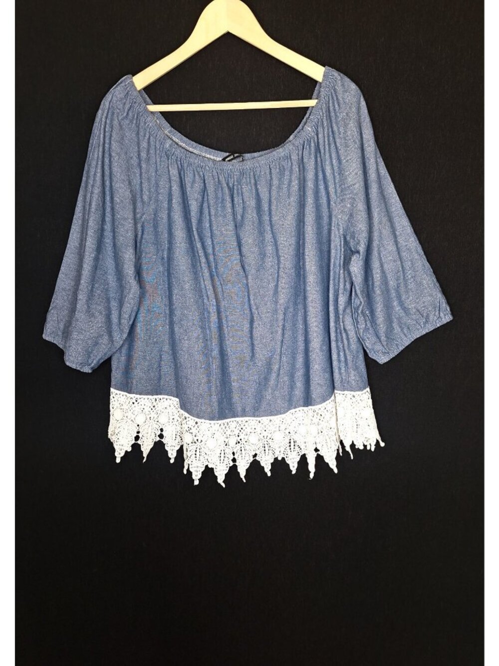 💙 Unique Spectrum Blue Chambray Cotton Size XL/2X Peasant Blouse Crochet Lace H